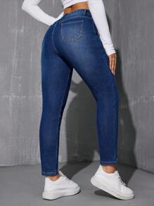 Skinny Cropped Warm Denim Jeans, Winter - Blue - View 3