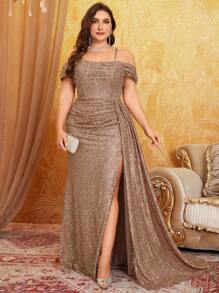 UNITHORSE Plus Size Cold Shoulder Back Cross Straps With Open Back Design, Fishbone Split Front, Elongated Leg Line Advanced Elegant Glitter Dress Formal Evening Wedding Guest Gown, For Graduation, Dinner Party Dress, Fall Women Clothes - 咖啡棕 - 查看 1