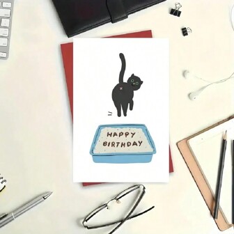 Whimsical, Funny Cat Litter Box Birthday Card - Perfect For Him, Her, Colleagues, Family & Friends | Unique Greeting Card With "Happy Birthday" Message