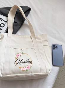 定制名称，时尚定制文字手提包，印有金色圆框花环图案，可在图案中间定制所需文字。大容量帆布包，适合通勤、旅行、商务旅行、购物、超市购物、聚会、学校、返校、色彩鲜艳、可爱、可爱、卡哇伊、Y2K、Vacay Vibes/度假、休闲、通勤、商务休闲、定制、个性化、独特、定制、旅行包、大号手提包、女朋友、男朋友、家人、朋友、户外/郊游/旅行/徒步旅行/体育场/运动/登山、商务/通勤/工作/办公室、度假