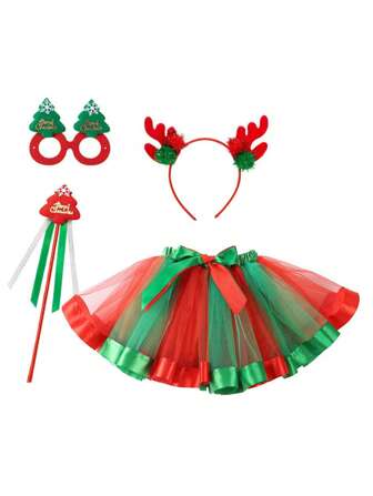 圣诞仙女服装 - 手工制作的蓬巴杜连衣裙，配有驯鹿角头带和雪花装饰 - 涤纶编织休闲仙女服装，适合节日庆祝舞会万圣节