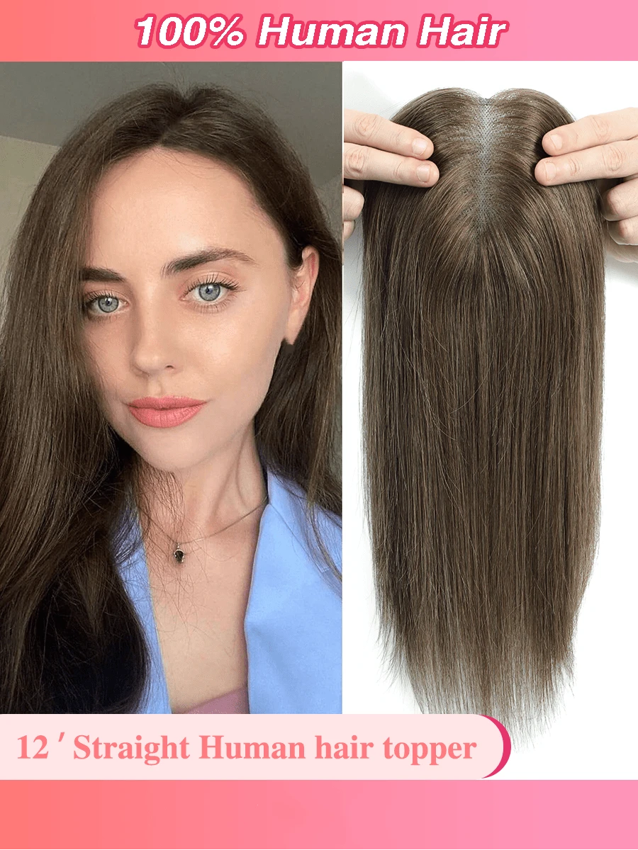 12inch Human Hair Toppers For Women Real Human Hair Topper Hair Pieces For Women Human Hair Toppers For Women With Thinning Hair Pieces For Thinning Hair Loss Cover - 中型赤褐色 - 查看 1