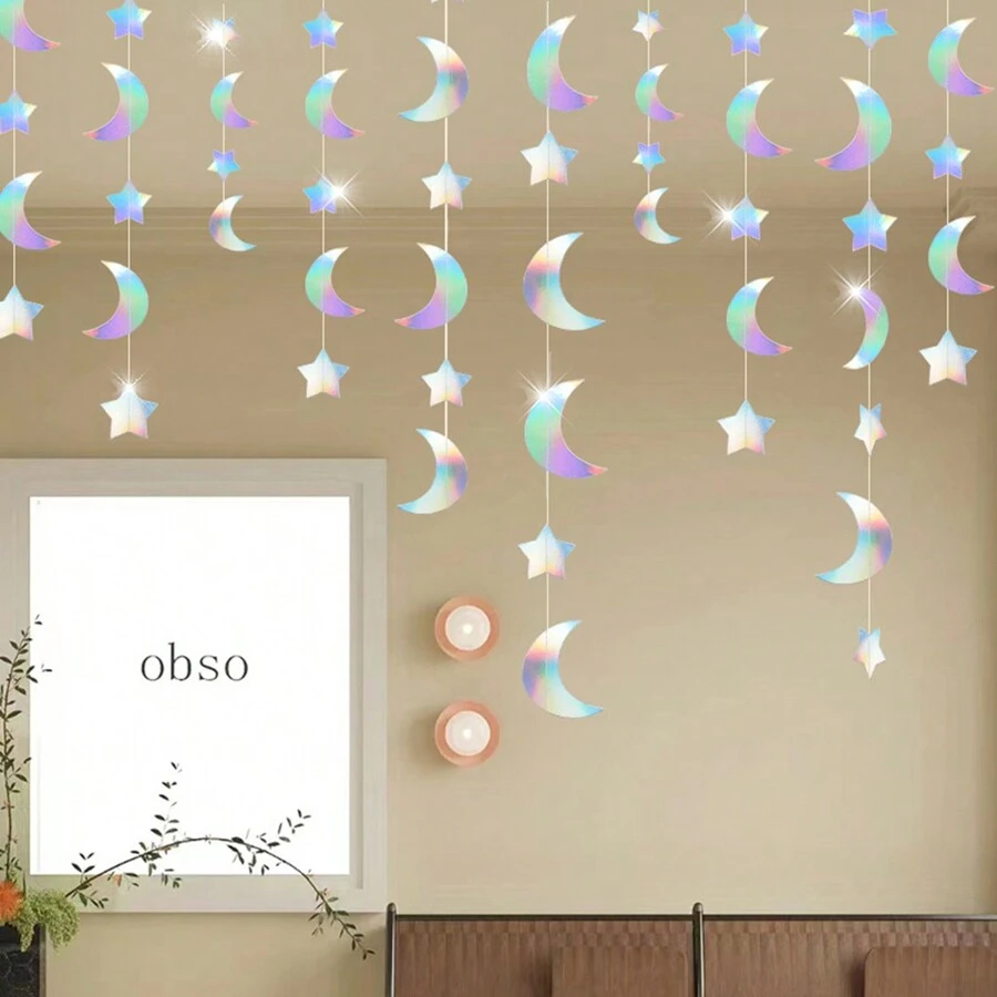 Colorful Star, Moon Shaped Bunting Garlands, Ramadan Atmosphere Decorations, Triangle Flag, Birthday Party Wedding Decor Supplies