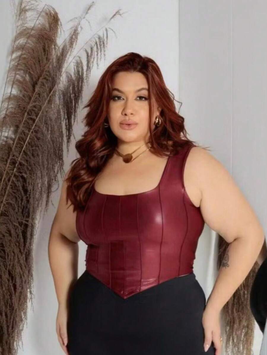 Cropped Women's Strap Corselet Plus Size - Màu Đỏ Sâu - Xem 1