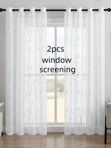 2pcs White Rattan Spring Embroidery Semi-Sheer Voile Curtains With Grommets, Semi-Transparent Light-Filtering Curtain Decor For Bedroom, Living Room, Dining Room, Patio, Balcony