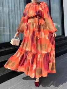 Women's Tie-Dye Lantern Sleeve Arabian Dress, Modest - Multicolor - View 2