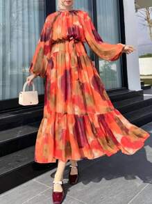 Women's Tie-Dye Lantern Sleeve Arabian Dress, Modest - Multicolor - View 1