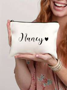 1pc Customized Love Pattern Name Custom Makeup Bag Lightweight, Zipper Closure, Travel Toilet Storage, Party Gift, Cosmetic Pouch, Appreciation Gift, Nurse Gift Ideas Large Capacity, Lightweight, Personalized Tote Bag, Shoulder Bag, Casual Shopping Bag, Present Bag ,Personalized For Wedding, Birthday, Beach, Holiday Large Capacity, Simple, Travel,Vacation, Gift Forfriends/Girlfriends/Family, Valentine'sDay/Mother's Day - Beige - View 4