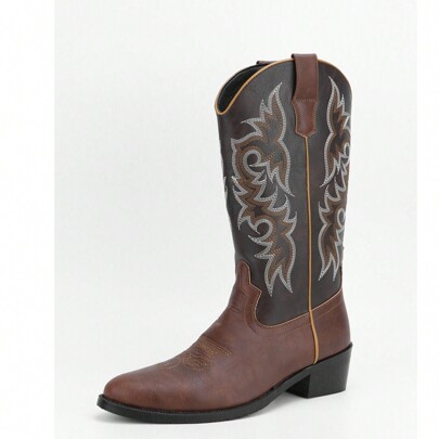 Men's Western Cowboy Boots, Western Square Toe Cowboy Boots, Vintage PU Leather Embroidered Casual Block Heel Wide Leg Slip Boots.