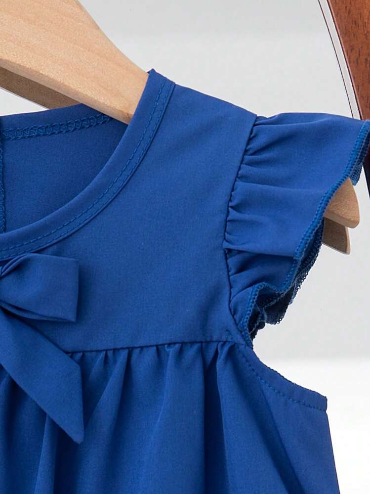 女宝宝简约可爱蝴蝶结荷叶边纯色连衣裙 - 藍色 - 查看 7