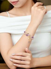 [VE] 1件银色天然水晶多圈手链，以光泽白水晶和深邃紫水晶交织而成，呈双环设计，象征着智慧与高贵的完美结合。独特的设计彰显个性魅力，带来好运和活力，时尚吉祥之选。首饰颜色随机。