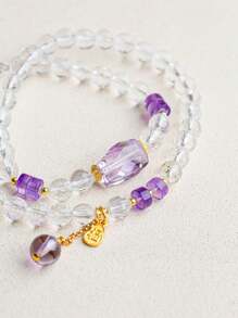 [VE] 1件银色天然水晶多圈手链，以光泽白水晶和深邃紫水晶交织而成，呈双环设计，象征着智慧与高贵的完美结合。独特的设计彰显个性魅力，带来好运和活力，时尚吉祥之选。首饰颜色随机。