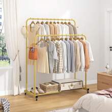 UDEAR Double Rods Garment Rack With Wheels, Clothing Rack For Hanging Clothes,4 Hooks, Multi-Functional Bedroom Clothes Rack, Black,Spring,Minimalist,Summer Tops