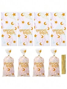 50pcs/100pcs Mubarak Plastic Candy Cookie Bags, Eid Gift Bags With Star Moon Designs, Gift Wrapping Bags, Party Snack Packaging Bags - Multicolor - View 2