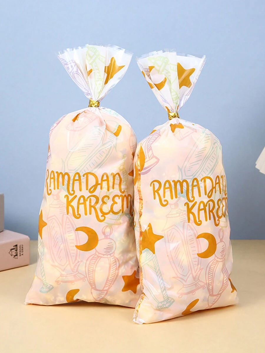 50pcs/100pcs Mubarak Plastic Candy Cookie Bags, Eid Gift Bags With Star Moon Designs, Gift Wrapping Bags, Party Snack Packaging Bags - Multicolor - View 1