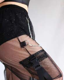 TRANSPARENT Gringa Look Pants With Sparkles And Chain/Side Pockets On The Leg/Street/Track Pants/Skater/Shiny/Party/End Of Year/White/Black/Skinny/Grunge/Hip Hop/Dance/Glitter/Glitter/Shiny - 黑色 - 查看 2