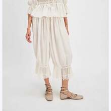 Womens Elastic Waist Pant Casual Loose Lace Hem Lantern Cropped Pants Comfort Trouser - 白色 - 查看 1