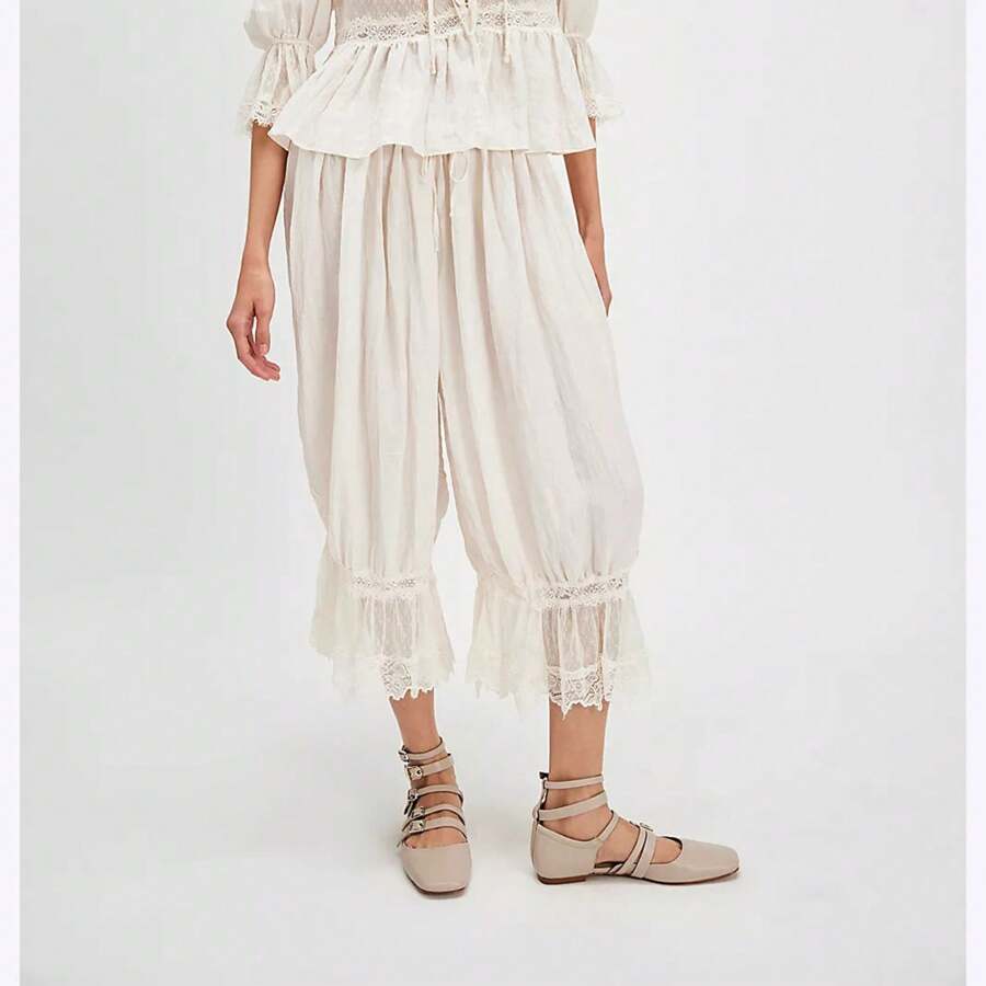 Womens Elastic Waist Pant Casual Loose Lace Hem Lantern Cropped Pants Comfort Trouser - 白色 - 查看 1