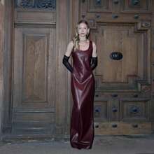 Women's Leather Vest U-Neck Dress Fashion Sexy Long Versatile Evening Gown Dress