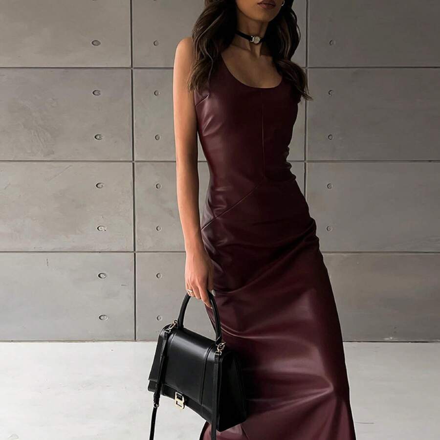 Women's Leather Vest U-Neck Dress Fashion Sexy Long Versatile Evening Gown Dress