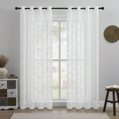 2 pièces de panneaux de rideaux de voile semi-transparent brodés de branches de vigne blanche avec œillets. Rideaux décoratifs pour la chambre, le salon, la salle à manger, le patio, le balcon