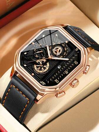 男士时尚方形手表 复古运动手表 男士商务休闲手表 日期 PU 皮革石英腕表，送礼的理想选择