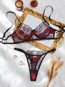 2pcs Sexy Black Lace Embroidered Lip Print Sheer Bra Set For Women, Romantic Lingerie, Suitable For Valentine's Day, Honeymoon Ultrathin Bra