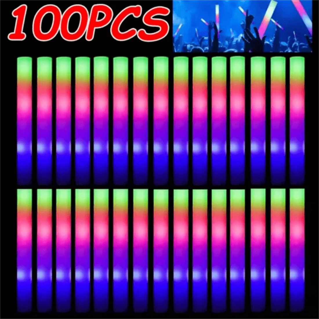 100PCS LED Foam Sticks Light Up With 3 Flashing Modes,Party Supplies For Weddings, Birthdays, Music Festivals, Carnivals, New Year Gifts,Christmas Wand Rally Batons DJ Flashing Glow Stick Party Bulk Foam Glow Sticks With Colorful Flashing Glow In Dark Party Supplies, Glow Stick Bulk Party Pack For Wedding,Raves,Concert,Camping,Sporting Events,Pool Party - Multicolor - View 1