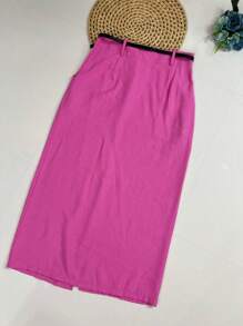 Midi Skirt With Belt High Waist Slit - Pink - View 6