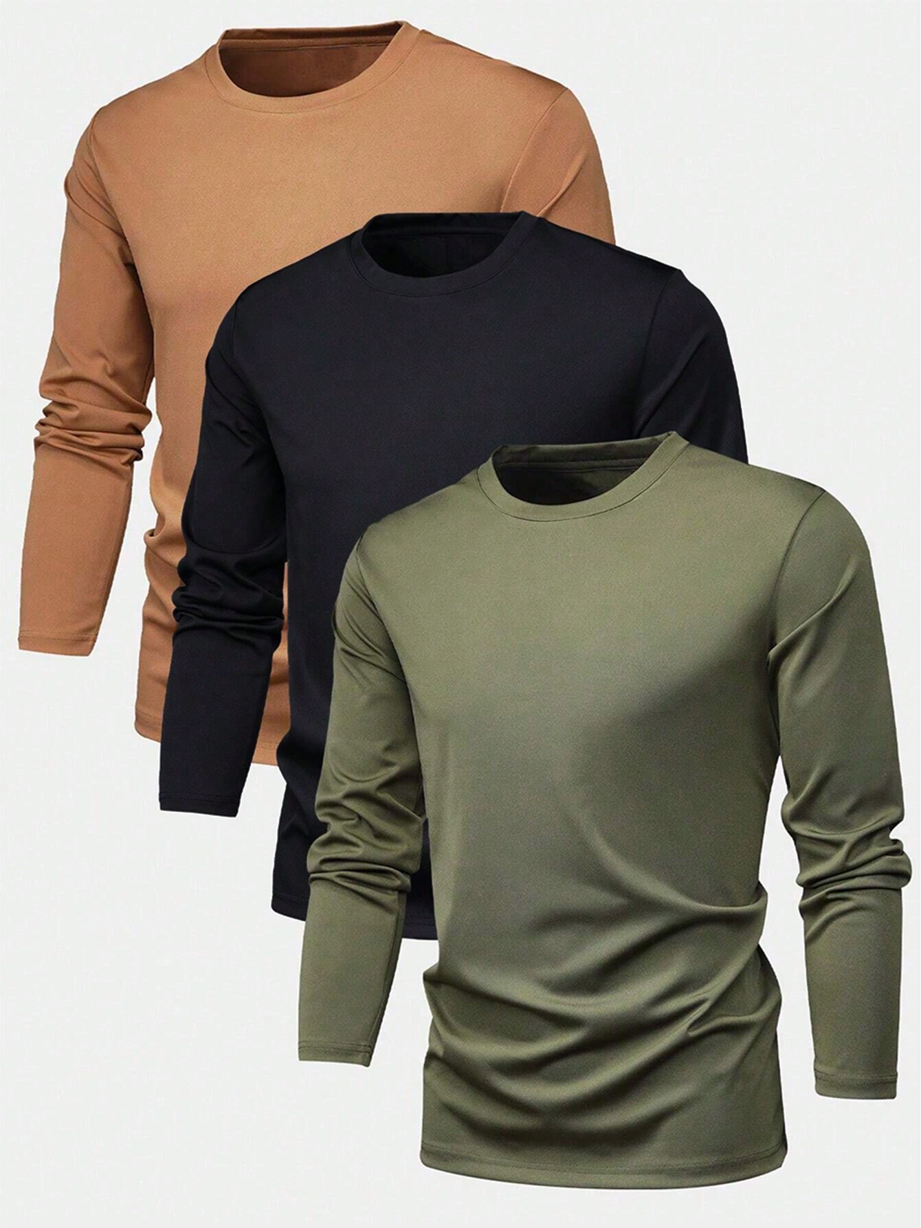 3pcs/Set Men's Basic Solid Color Crew Neck Slim Fit Long Sleeve T-Shirts, Casual Everyday Wear, Spring/Autumn, Fall Clothes