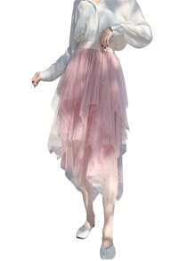 Women Solid Color Mesh Skirt, Irregular Elastic Tulle Bubble Skirt, Daily Life And Vacation - 粉色 - 查看 1