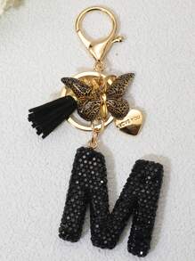 1pc Soft Clay Pink Letter Rhinestone Keychain, Cute Personalized Handbag Accessory, Car Key Chain, Heart Decor Gift For Mom, Friends, Valentine's Day Valentines Car Accessories Bag Charm - Black Butterfly - View 5