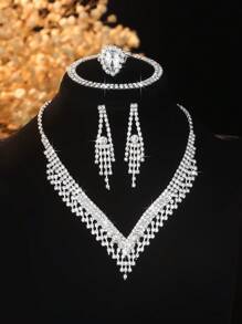 5pcs Fully Rhinestone Geometric Delicate Versatile High-End Necklace, Earrings, Bracelet And Ring Set, Suitable For Women's Daily Commuting, Campus Dating, Wedding Party, Valentine's Day Holiday Gift Valentines - Exquisite Necklace Set - View 2