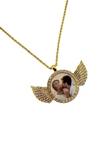 1 pieza Collar personalizado con colgante de metal en forma de ala de ángel y corazón redondo, estilo europeo, unisex, regalo para novio, novia, amigos, boda, San Valentín, Día del Padre, Día de la Madre, cumpleaños, joyería decorada con cristales