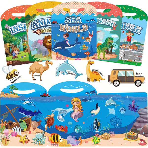GOBRILLFUN Set di libri di adesivi riutilizzabili - Libro di adesivi 3D, perfetto per ragazzi e ragazze. Include animali, insetti, veicoli, oceani e dinosauri (5 set)