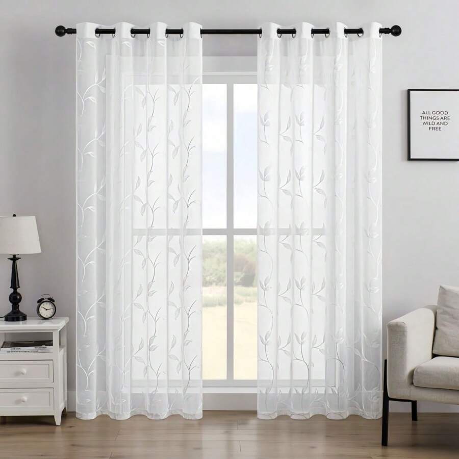 2pcs White Rattan Spring Embroidery Semi-Sheer Voile Curtains With Grommets, Semi-Transparent Light-Filtering Curtain Decor For Bedroom, Living Room, Dining Room, Patio, Balcony