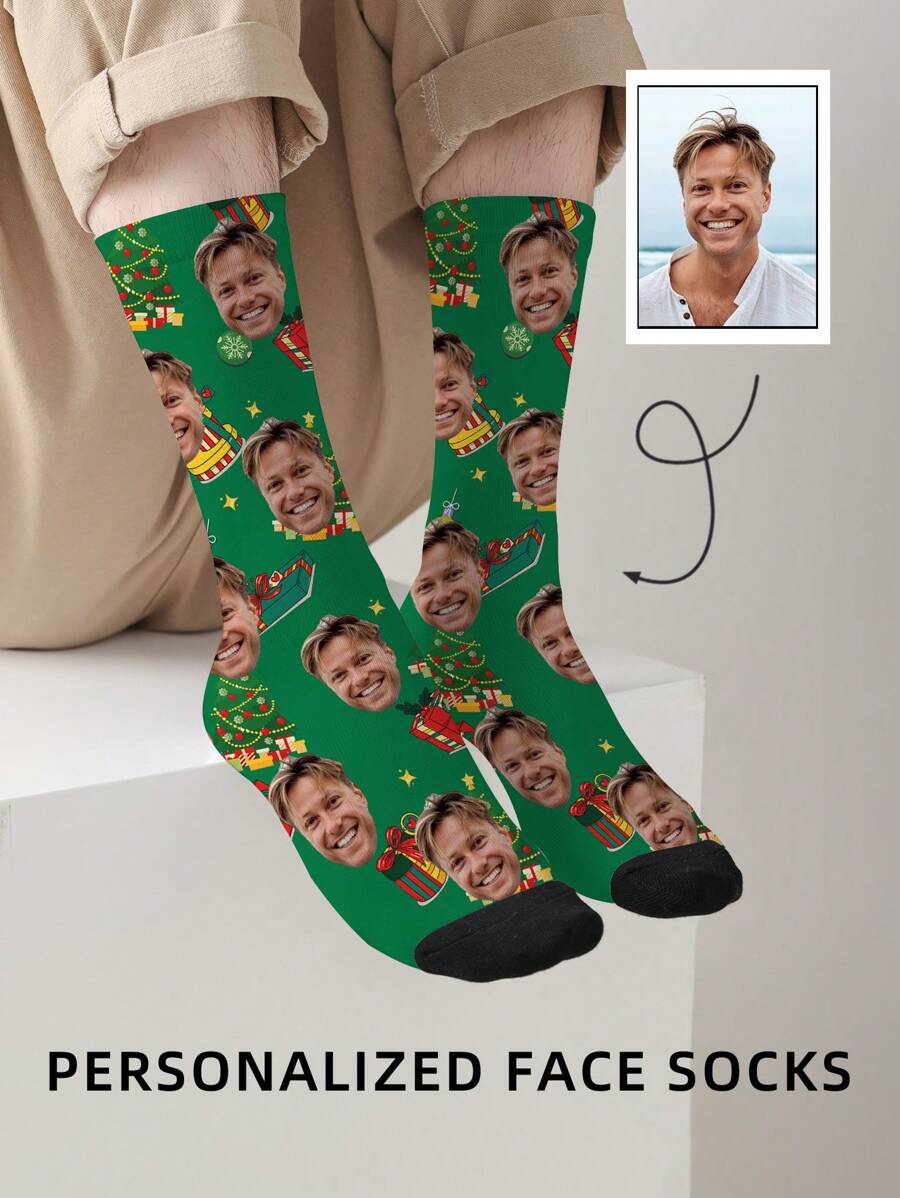 1 Pair Christmas Customized Face Print Mid-Calf Socks, Unisex Couple Socks, Personalized Photo Customization, Fun Couple Socks, Comfortable And Breathable, Creative Cartoon Design, Perfect Gift For Holidays, Birthdays, Valentine's Day, Full Of Fun, Crazy Anime Style, Multi-Color Socks, Valentine's Day, Father's Day Gift, Full Of Fun, Crazy Anime Style, Multi-Color Long Socks