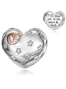 HuooNew 1pc Exquisite 925 Sterling Silver "I Love You To The Moon And Back" Heart Shaped Beaded Charm, Suitable For Family, Party & Gift - Silver - View 3
