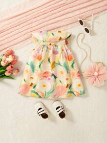 2pcs/Set Summer Baby Girl Peter Pan Collar Oil Painting Floral Sleeveless Dress + Floral Decor Bag - Multicolor - View 2