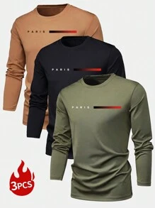 3pcs/Set Men's Casual Daily Simple Letter Printed Long Sleeve T-Shirts, Autumn Tee