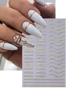 2 pièces Autocollants pour ongles avec lignes et rayures dorées et argentées. Décalcomanies d'ongles 3D à rayures métalliques avec des cristaux et des strass. Fournitures d'art pour manucure DIY autoadhésives pour femmes et filles, décoration des ongles - Multicolore - Voir 2