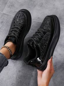 Sneakers casual nere da donna per primavera e autunno, con suola morbida antiscivolo, leggere, con platform, punta arrotondata e allacciate