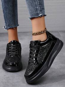 Sneakers casual nere da donna per primavera e autunno, con suola morbida antiscivolo, leggere, con platform, punta arrotondata e allacciate