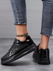 Sneakers casual nere da donna per primavera e autunno, con suola morbida antiscivolo, leggere, con platform, punta arrotondata e allacciate