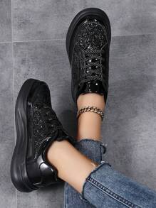 Sneakers casual nere da donna per primavera e autunno, con suola morbida antiscivolo, leggere, con platform, punta arrotondata e allacciate
