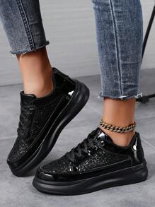 Sneakers casual nere da donna per primavera e autunno, con suola morbida antiscivolo, leggere, con platform, punta arrotondata e allacciate