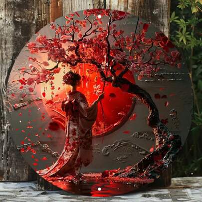 8x8 Inch Round Metal Wall Art Print - Japanese Woman In Kimono With Cherry Blossom Tree | UV Resistant & Scratch-Proof, Easy Hanging For Outdoor/Indoor Decor, Perfect For Vintage Decor Wall Art, Wall Decoration, Room Decor, Home Decor, Dining Room, Bar, Cafe, Garage, Garden, Indoor & Outdoor, Random Hole Placement