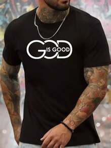 GOD IS GOOD Printed Short-Sleeved Crewneck T-Shirt For Men, Casual T-Shirt For Everyday Outdoor Wear - 黑色 - 查看 1