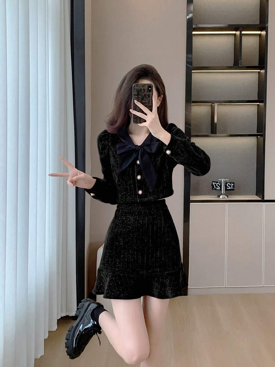 RUIWY 女士节日派对两件套服装 - 黑色雪纺蝴蝶结长袖夹克和迷你裙，优雅修身，防晒，适合春夏季 - 黑色 - 查看 1