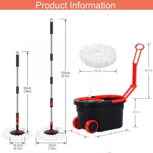 Spin Mop And Bucket With Wringer Set On Wheels, 360° Spinning Mop Bucket System For Floor Cleaning, Mop And Bucket Set With 3 Microfiber Mop Replacement Heads Refilles And 61" Stainless Steel Adjustable Handle Black & Red (25QT) - màu đen - Xem 2
